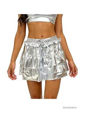Wildarms Metallic Mini Skirt Pleated Flared Skater Ruffle Dance Skirt